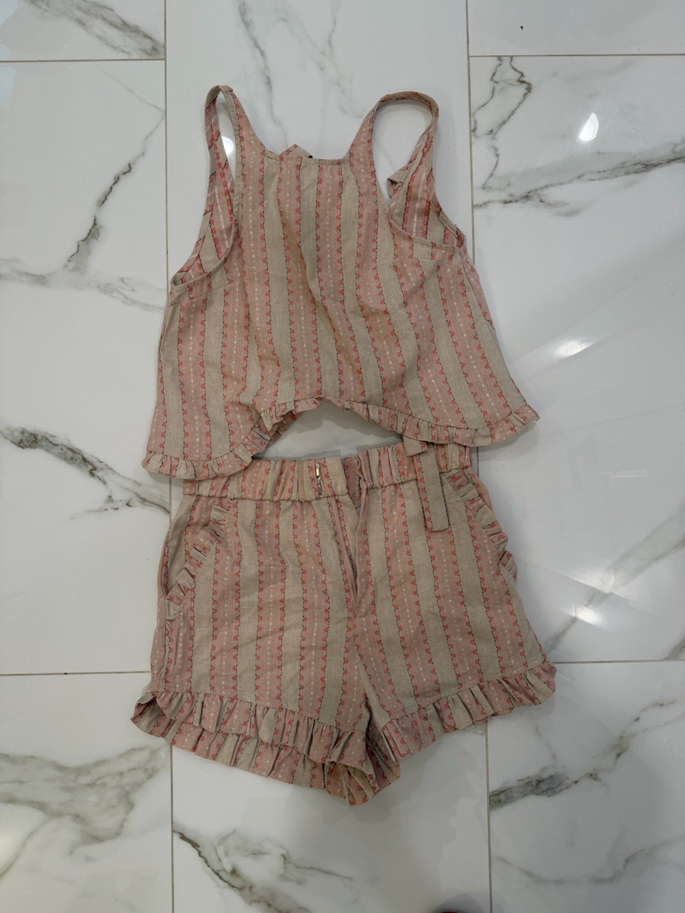 Striped Ruffle Waist Women’s Shorts - Pink & Beige